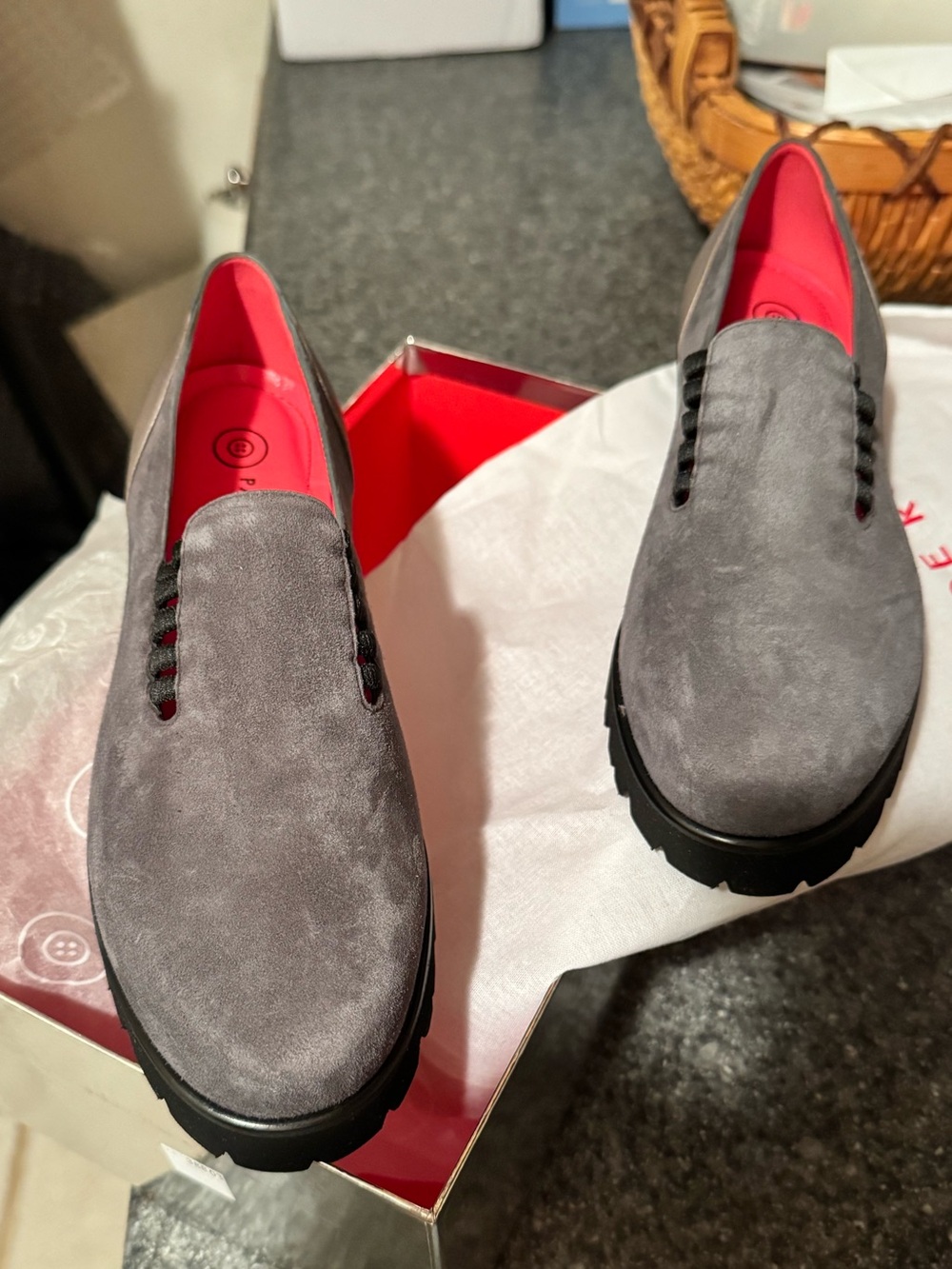 Pas De Rouge Ladies Grey Suede Lug Sole Loafers